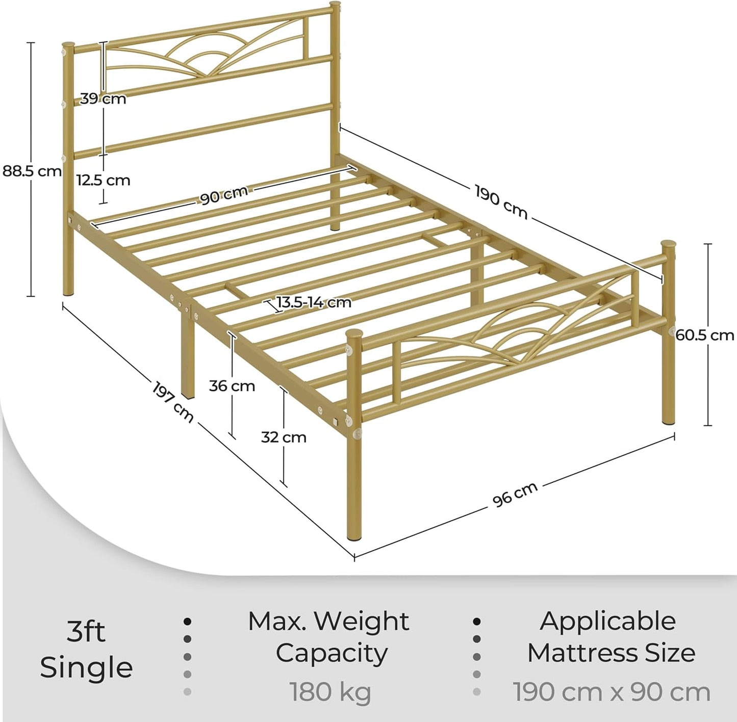 3ft Single Bed Frame, Strong Iron Platform Bed, Metal Slatted Bed for Bedrooms