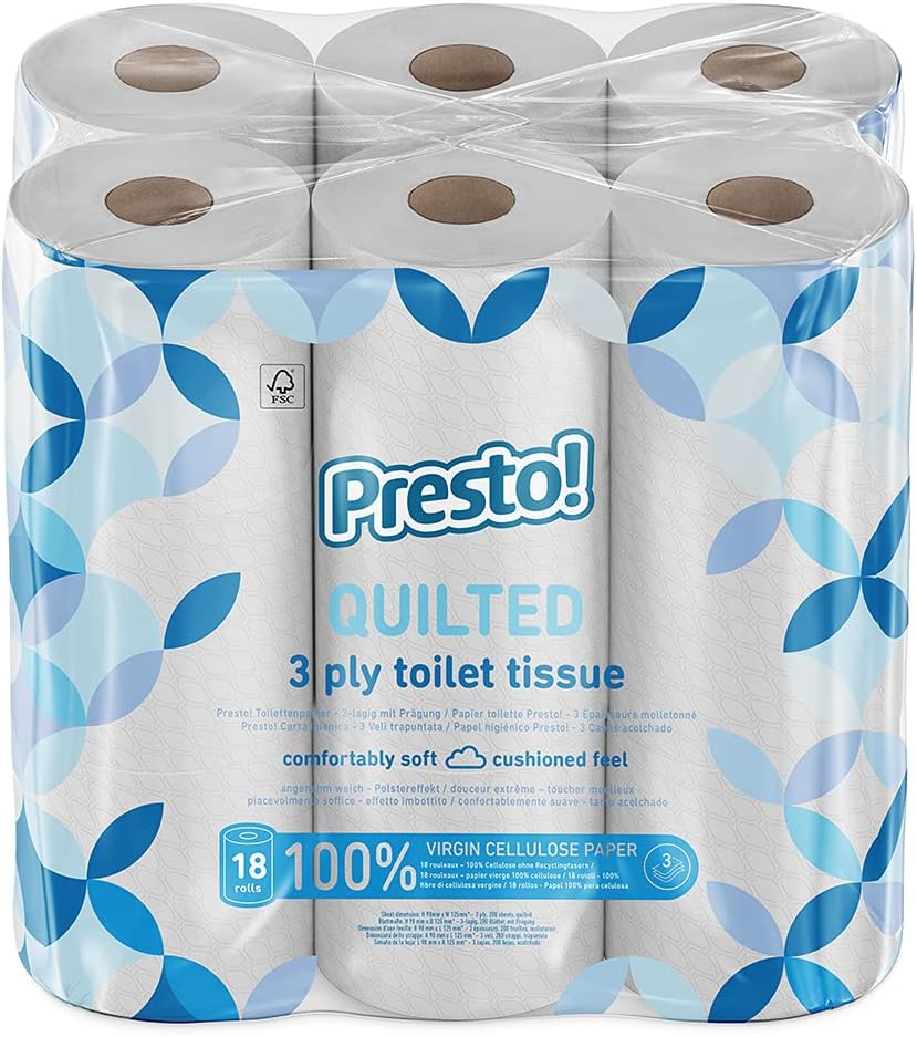 Premium 3 Ply Quilted Toilet Roll Velvety Soft Unscented 18 Rolls, Soft & Strong