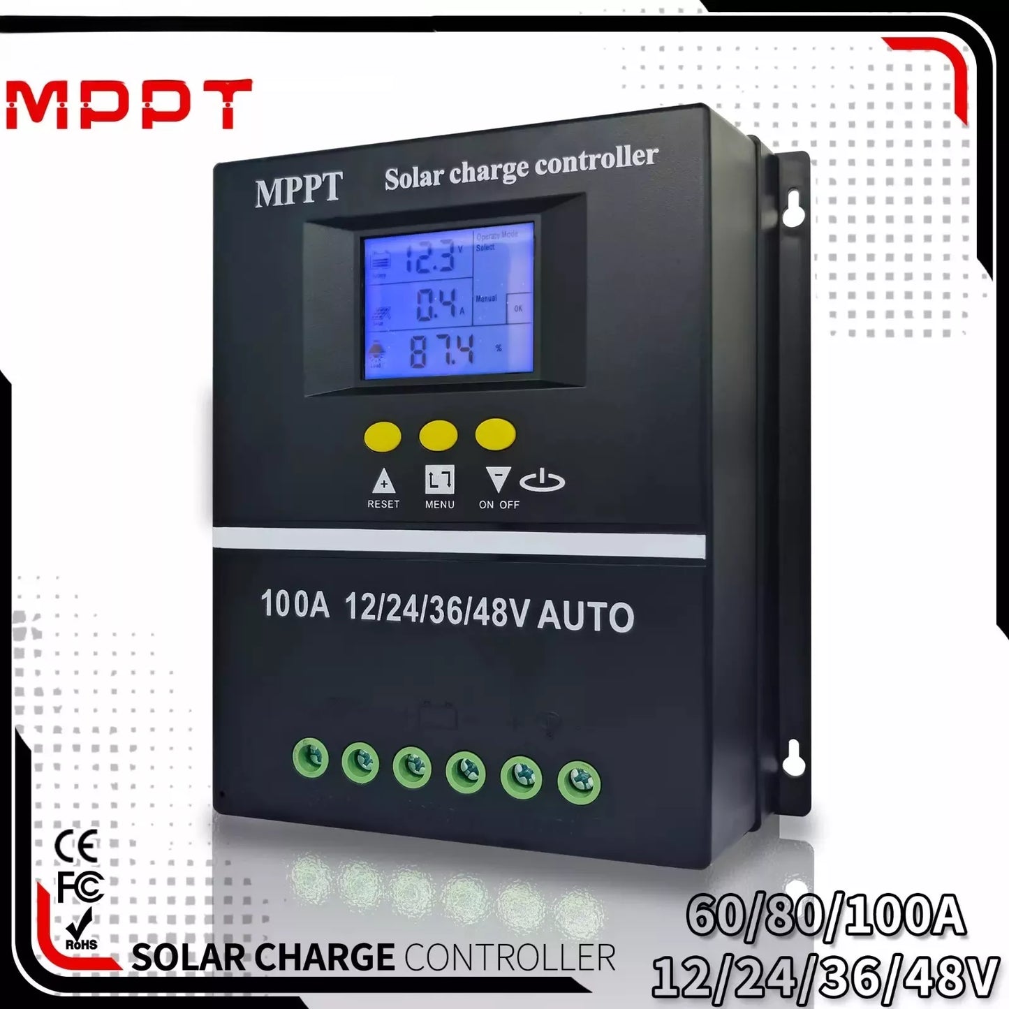100A MPPT solar charge controller for 12V 24V 36V 48V battery & 200V solar input