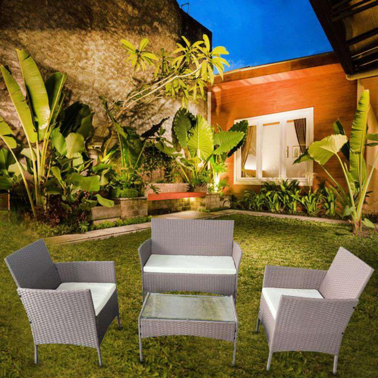 Garden Furniture Outdoor Patio Rattan Set, Patio Sofa Chairs & Table 4 Piece Set