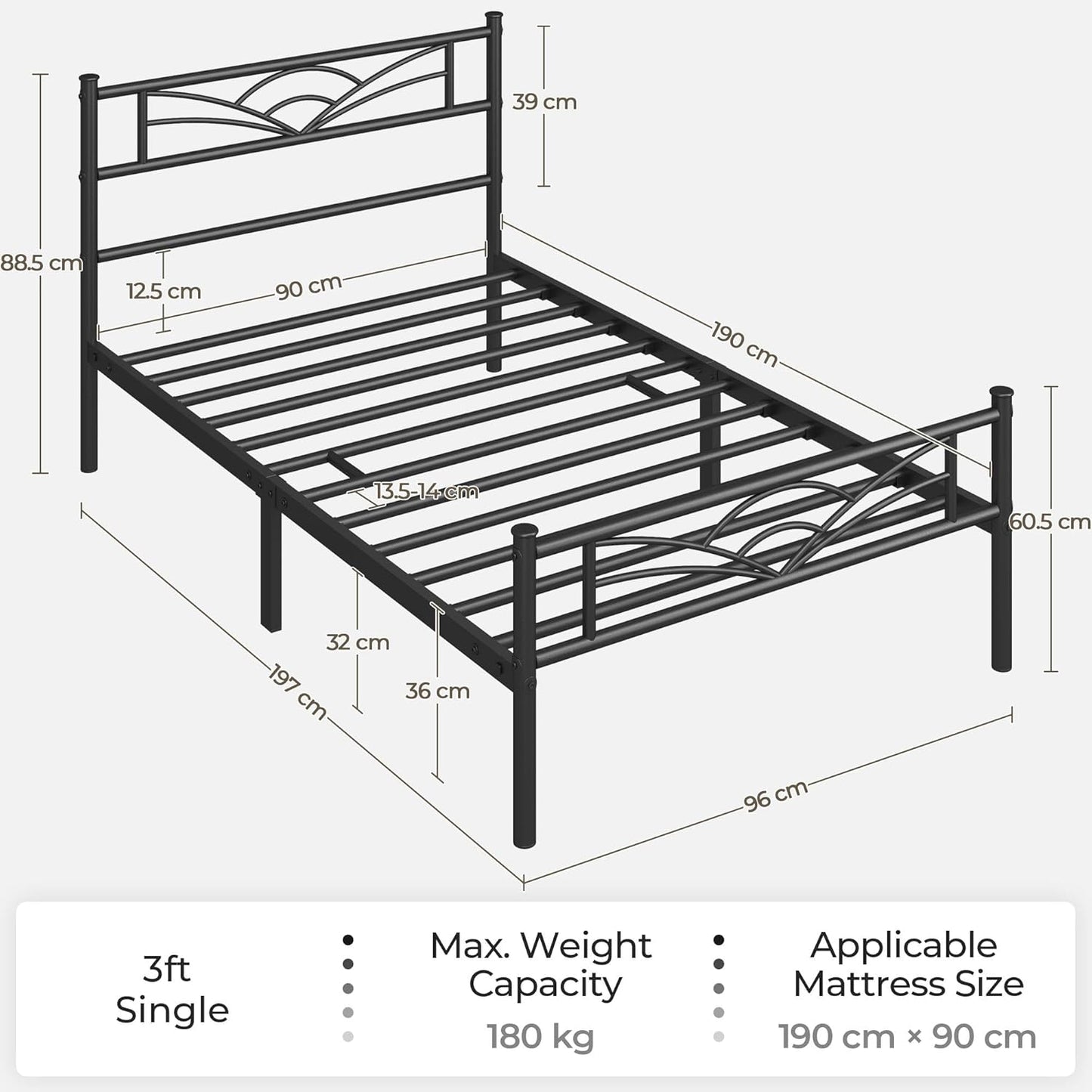 3ft Single Bed Frame, Strong Iron Platform Bed, Metal Slatted Bed for Bedrooms